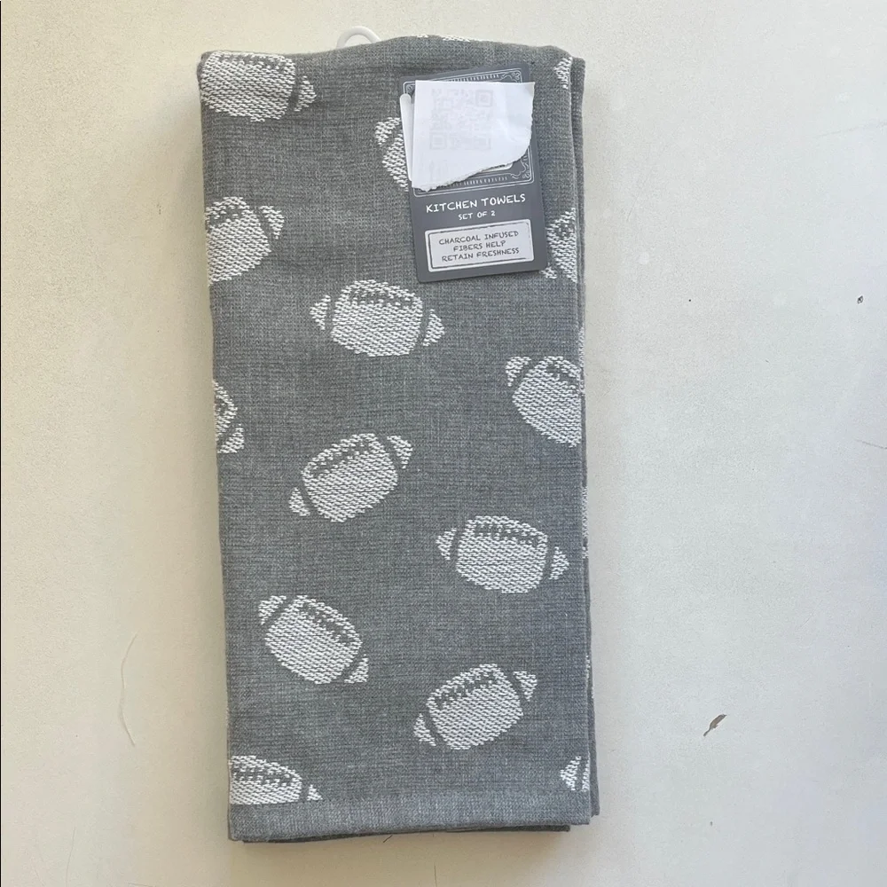 Set of 2 identical Gray Kitchen Towels with Football Pattern